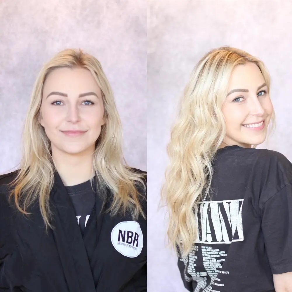 Before and after blonde color and extensions
